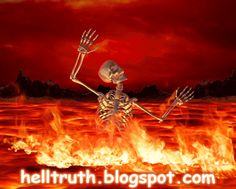 a skeleton standing in front of a fire with his arms up and hands out to the side