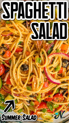 spaghetti salad in a glass bowl with the words spaghetti salad above it and an image of vegetables