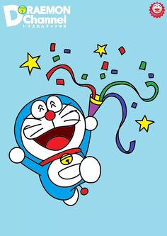 cartoon character flying through the air with confetti and streamers in his mouth