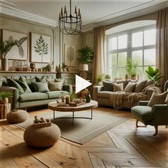 a living room filled with lots of furniture next to a large window covered in plants