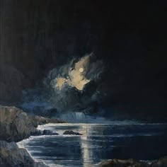 an oil painting of the ocean at night with moon and clouds in the sky above it