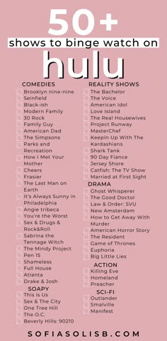 a pink poster with the words 50 + shows to binge watch on huu