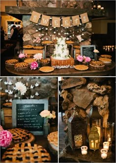 the dessert table is decorated with cookies, pies, and flowers for a wedding reception