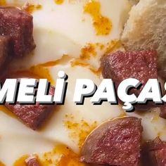 the words meli pacasa are in front of an image of meat and eggs