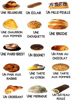 an image of different types of breads and pastries in french, with words describing them