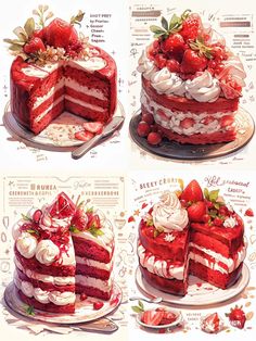 three different pictures of a cake with strawberries on top and two slices cut out