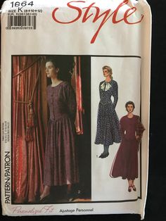 This is a 1988 Style pattern for a dress with full length dolman sleeves, pointed front bodice with button opening, full gathered skirt in mid calf length. Optional neck bow.  Size 8-12 Bust 31.5-34" Pattern is uncut and factory folded Basque Waist, How To Fold Notes, Neck Bow, Button Front Dress, Skirt Midi, Gathered Skirt, Size Pattern, Flared Skirt, 1980s Vintage