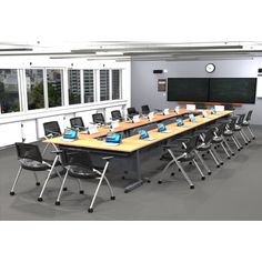 an empty conference room with tables and chairs