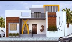 a car is parked in front of a modern house with palm trees and potted plants