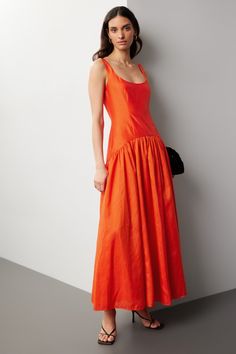 9 Fashion Staples To Channel The “European Summer” Aesthetic+#refinery29 Vintage Inspired Swimsuit, Drop Waist Gown, Dropped Waist Dress, European Summer Aesthetic, Dress Runway, Unique Bridesmaid Dresses, Fashion Staples, Unique Bridesmaid, Orange Maxi Dress