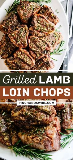 grilled lamb loin chops on a plate with rosemary garnish