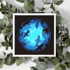 an image of a blue circle surrounded by green leaves and plants with the words svg png at dxf