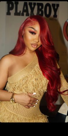 Cute Outfits With Red Hair, Red Lace Front Wigs Side Part, Red Hair Prom Dress, Outfits With Burgundy Hair, Red Side Part Quick Weave, Burgundy Side Part Wig, Outfits With Red Hair, Birthday Curls, Burgundy Wigs For Black Women