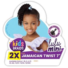 Sensationnel Kids Braids Lulu Mini Pre-looped Crochet Braids - 2X JAMAICAN TWIST 7 COLOR SHOWN: 1BTYPE: Crochet BraidSTYLE: CurlyMATERIAL: Synthetic HairLENGTH: 7"HEAT RESISTANT: YesDYE/BLEACH/PERM: 2 bundles in 1 pack. Multi-curls in 1 loop for more volume. Pre-made strands to save time and effort. Pre-looped for quick and easy crochet install. Light weight, soft texture with natural luster. Perfect protective style for kids Safe Flame Retardant High-Quality Fiber Thick Jamaican Twist out style Jamaican Twist, Twist Out Styles, Style For Kids, Kids Braids, Remy Hair Weave, Kids' Braids, Protective Style, Human Braiding Hair, Twist Out