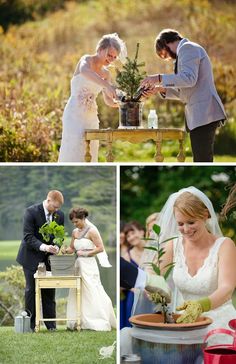 a couple getting married in front of a tree at their outdoor wedding ceremony, with the caption 5 plant a tree source marvelous things photography