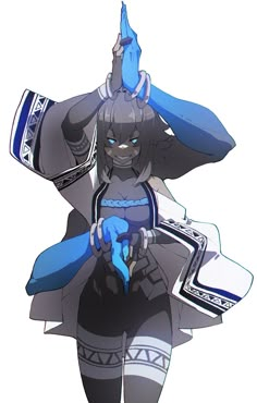 an anime character with blue hair and black pants, holding her hands up to her head