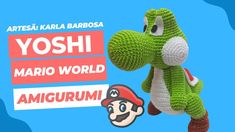 a stuffed animal is in the air next to a sign that says yoshi mario world amigurum