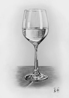 a pencil drawing of a wine glass on a table with water in it's bottom