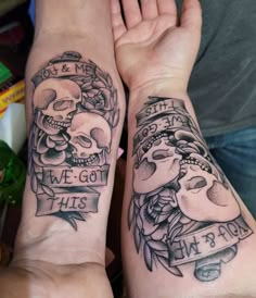 two people with matching tattoos on their arms