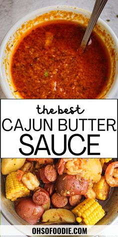 Text reads The Best Cajun Butter Sauce Cajun Broil Recipe, Baked Crab Boil, Cajun Seafood Sauce, Recipes For Seafood Boil, Seafood Boil Shrimp, Cajun Broil, Sauce For Shrimp Boil, Chicken Seafood Boil