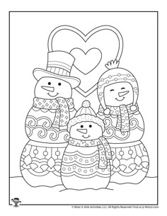 three snowmen with a heart in the background, coloring pages for adults and children