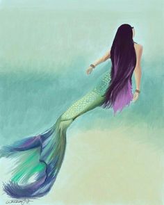 a digital painting of a mermaid with long hair and purple tail sitting on the beach