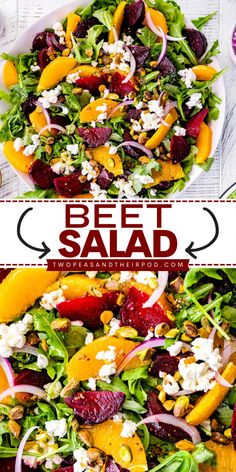 Here's an easy summer salad or simple BBQ side dish to try! This Beet Salad is made with arugula, beets, orange slices, goat cheese, pistachios, red onion, and a citrus dressing. Add this recipe to your Labor Day party food ideas! Summer Salad Ideas Healthy Recipes, Beets Salad Recipe Cold, Beats Salad Recipes, Recipes With Red Beets, Salad With Roasted Beets, Summer Beet Salad, Beer Salad Recipe, Salad With Beats, Avocado Beet Salad