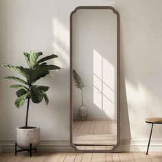 a large mirror sitting on top of a wooden floor next to a potted plant