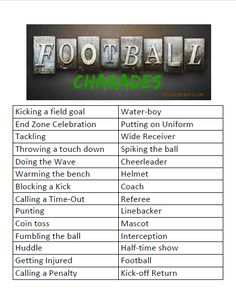 a table with the words football and other sports related items in green text on it