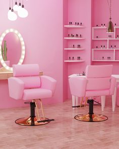 a pink room with two chairs and a mirror on the wall next to each other