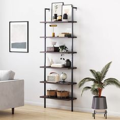 a living room filled with furniture and a potted plant on top of a wooden shelf