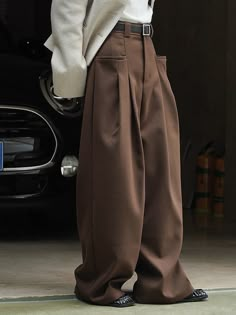 Loose Pleated Solid Color Wide Leg Pants Bottoms COFFEE-L Color Wide Leg Pants, Yellow Floral Top, Chic Blouses, Fashion Comfortable, Colored Pants, Pantalon Large, Fitted Trousers, Winter Mode, Pleated Pants