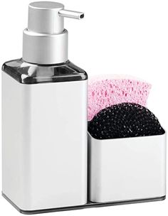 a soap dispenser and sponge in a white container on a white background