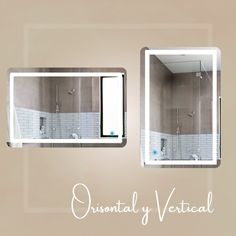 a bathroom mirror with the reflection of a sink and shower in it, next to a tiled wall