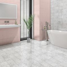 a bathroom with pink walls and floor tiles, a white bathtub next to a large mirror