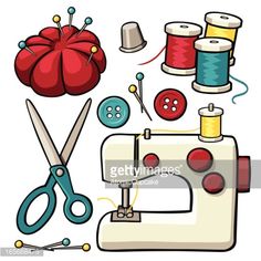 the sewing machine is surrounded by various items such as buttons, needles and yarns