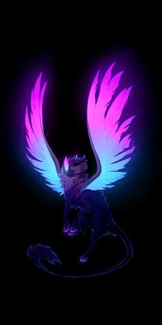 an animal with purple and blue wings on it's back, sitting in the dark