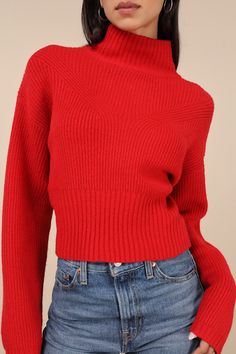 We can't wait to cuddle up with a hot drink and that special someone in the Lulus Snuggly Days Red Cropped Mock Neck Sweater! Soft knit shapes wide arms with drop shoulders that frame a bodice with a mock neckline and angled ribbed detailing. Wide ribbed band completes the cropped hem, for a perfect fit. Fit: This garment fits true to size. Length: Size medium measures 18.75" from shoulder to hem. Bust: Great for any cup size. Waist: Not Fitted - comfortable room throughout midsection. Undergarments: May be worn with any standard bra. Fabric: Fabric is very stretchy. Unlined. 100% Polyester. Hand Wash Cold. Do Not Bleach. Line Dry. Iron Low Heat. Imported. Lulus | Snuggly Days Red Cropped Mock Neck Sweater | Size X-Small | 100% Polyester. Red Turtleneck Outfit, Cropped Red Sweater, High Wasted Jeans, Turtleneck Outfit, Casual Formal Dresses, Winter Shopping, Sweater Cropped, Red Turtleneck, Casual Wedding Dress