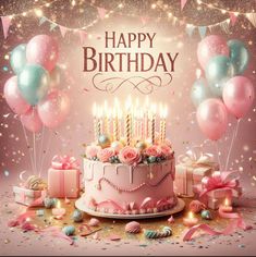 a birthday cake with candles surrounded by balloons and confetti on a pink background