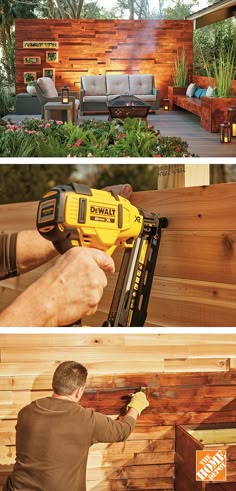 a man using a cordless drill to attach wood planks on the side of a house