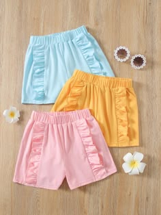 Multicolor Cute   Polyester Plain Track Shorts  Slight Stretch Summer Toddler Girls Clothing Shorts For Girls Kids, Toddler Girl Summer Outfits, Ruffle Trim Shorts, Shorts For Kids, Short Infantil, Shorts For Girls, Toddler Girl Shorts