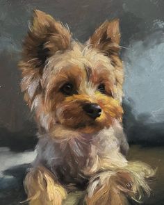 a painting of a small dog sitting on top of a floor next to a wall