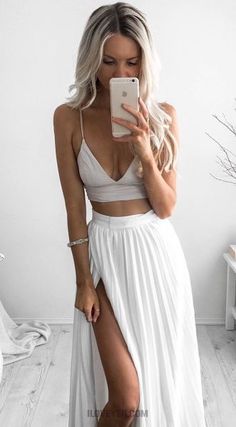 Cheap A Line Chiffon White Two Pieces Sweetheart Spaghetti Straps Side Slit Prom Dresses Sukienki Maksi, Simple Prom Dress, White Prom Dress, Cute Prom Dresses, Piece Prom Dress, White Chiffon, Pleated Maxi, Maxi Skirts, Dresses For Teens