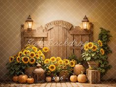 sunflowers and pumpkins are arranged in front of a wooden gate with the words happy birthday written on it