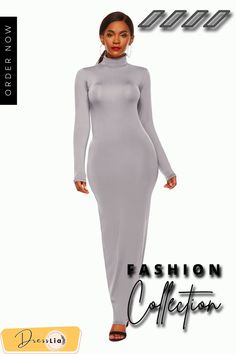 Fashion Solid Color Dress Women Long Sleeve Stretch Slim High Neck Dress Vestido Feminino Spring Long Fitted Bodycon Dress, Casual Fitted High Neck Maxi Dress, Casual Fitted Maxi Dress With High Neck, Fitted High Neck Casual Maxi Dress, Fitted Gray Maxi Dress For Winter, Elegant Gray Bodycon Dress For Fall, Long Solid Color Bodycon Dress, Long Bodycon Dress In Solid Color, Solid Long Bodycon Dress