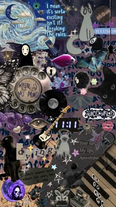 a collage with many different items and words on it, including an image of a cat