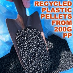 a person scooping black beans from a bag into a plastic bag with the words recycled plastic pellets from 200g pp