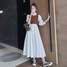 White And Brown Dress Outfit, Off Shoulder Dress Hijab, Brown White Outfit, Korean Long Dress, Striped Vest, Dress Vest