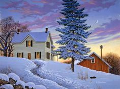 a painting of a snow covered hill with a house and trees in the background at sunset