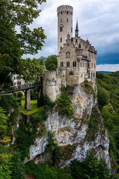 an old castle sitting on top of a cliff in the middle of trees and mountains